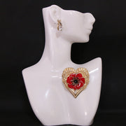 Women's Enamel Heart-Shaped Brooch Pin with Red Flower Detail Gold-Tone Finish