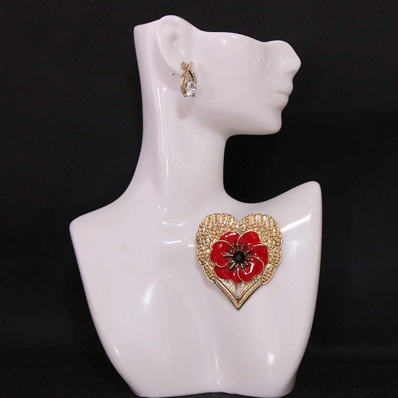 Women's Enamel Heart-Shaped Brooch Pin with Red Flower Detail Gold-Tone Finish