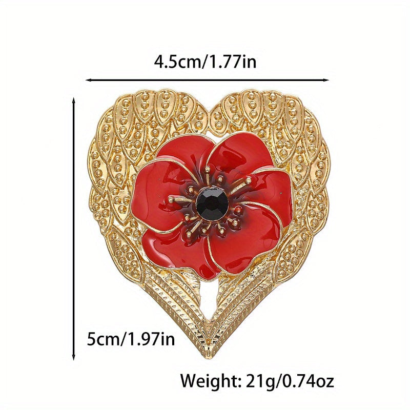Women's Enamel Heart-Shaped Brooch Pin with Red Flower Detail Gold-Tone Finish
