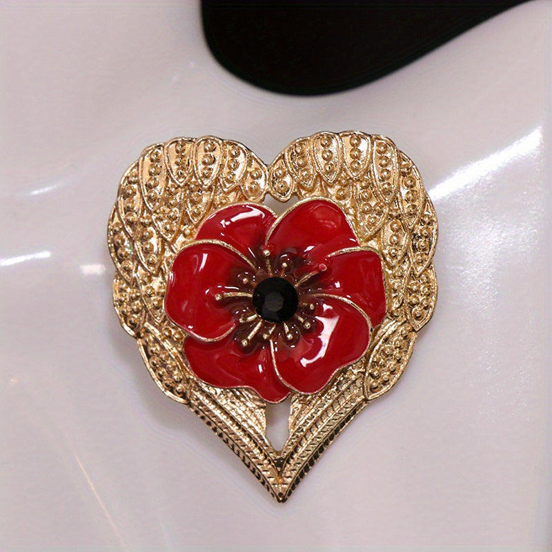 Сложная эмалированная брошь - уникальный дизайн в форме сердца с красным цветочным элементом, золотистая отделка, стильный аксессуар для женщин.