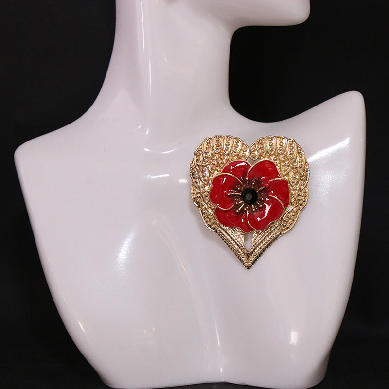 Women's Enamel Heart-Shaped Brooch Pin with Red Flower Detail Gold-Tone Finish