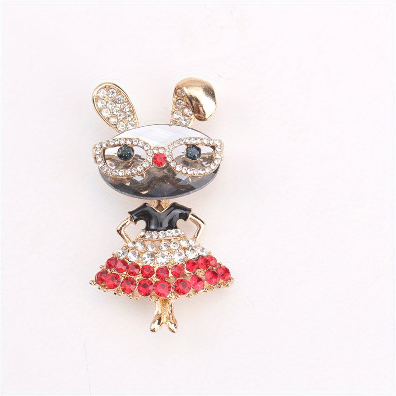 Women’s Rhinestone Bunny Brooch Pin with Glasses Elegant Jewelry Accessory