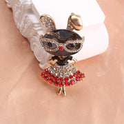 Women’s Rhinestone Bunny Brooch Pin with Glasses Elegant Jewelry Accessory