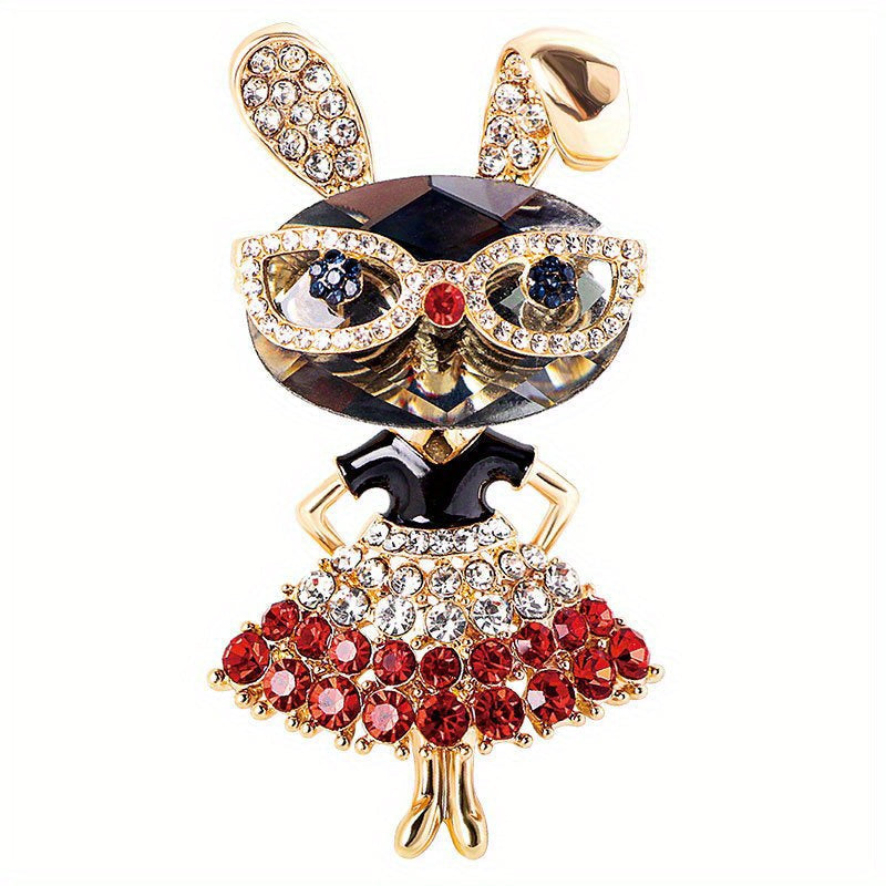 Women’s Rhinestone Bunny Brooch Pin with Glasses Elegant Jewelry Accessory