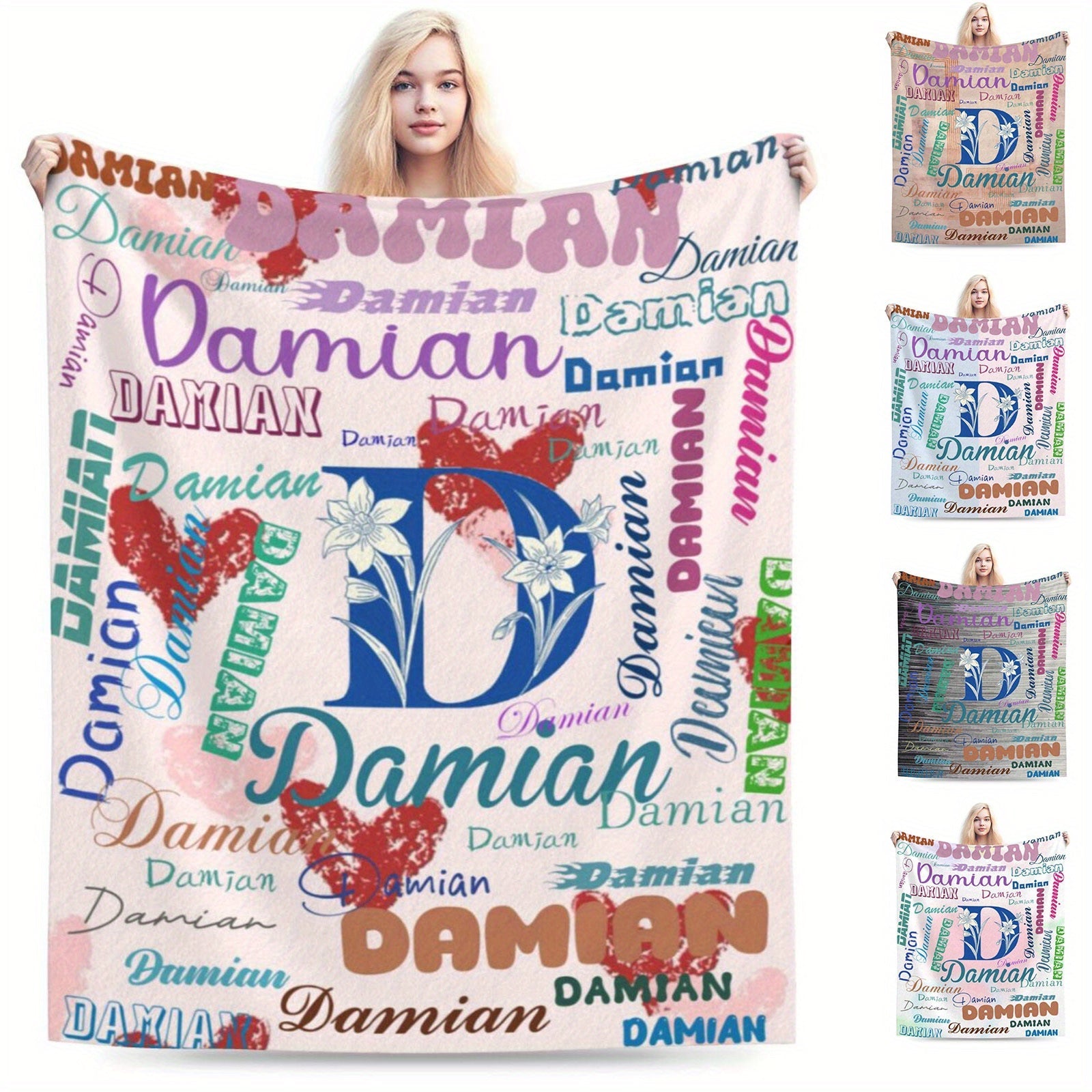 Personalized D Letter Flannel Fleece Throw Blanket Cozy Knitted Polyester Rectangular Gift for Women Men