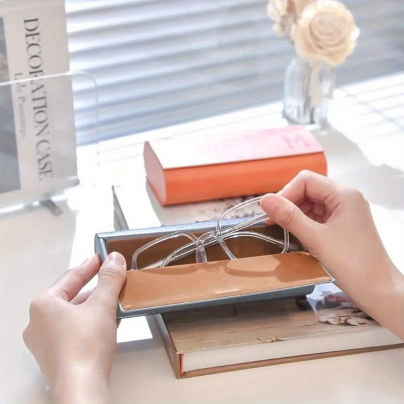 Dual-Layer Glasses Case Blue or Orange Faux Leather Scratch-Resistant Eyeglass Holder