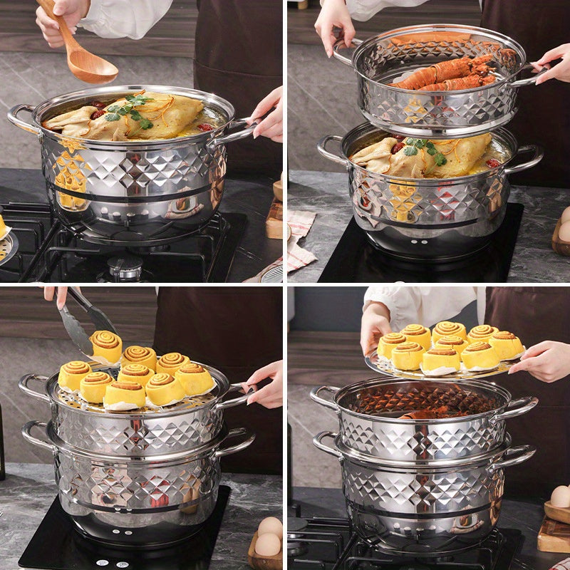 Stainless Steel Steamer Katta hajmli, ikki qirrali olmos dizayni, shaffof qopqoq