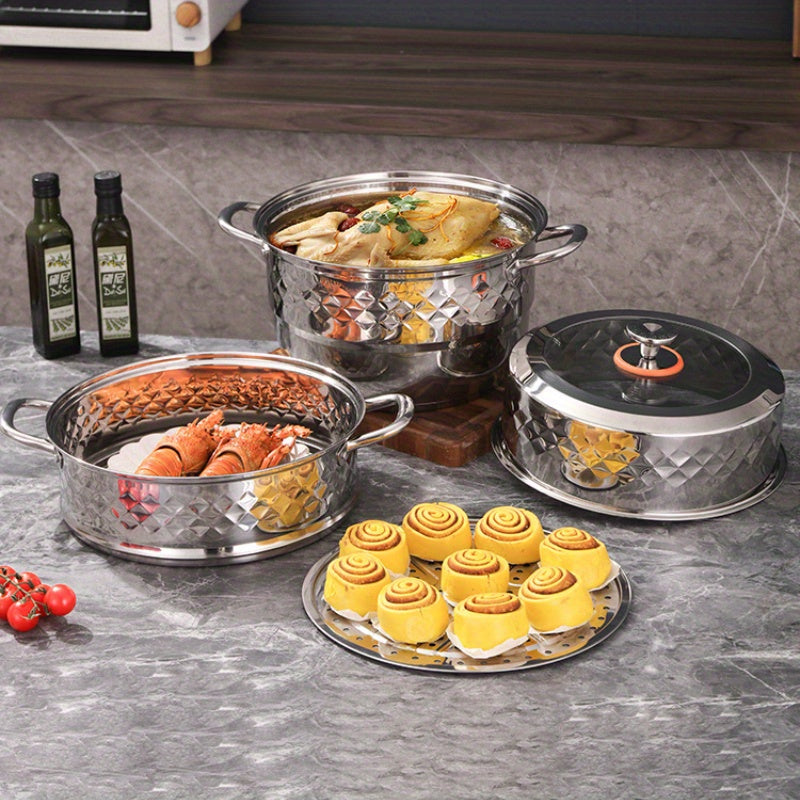 Stainless Steel Steamer Katta hajmli, ikki qirrali olmos dizayni, shaffof qopqoq