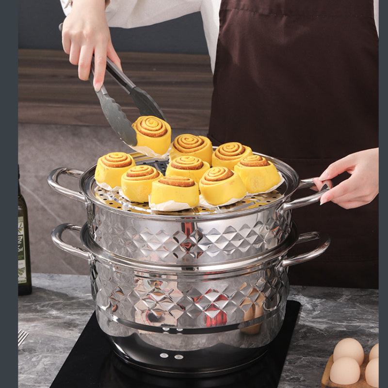 Stainless Steel Steamer Katta hajmli, ikki qirrali olmos dizayni, shaffof qopqoq