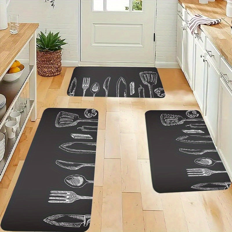 Non-Slip Polyester Kitchen Mat with Gray Utensil Pattern Stain Resistant Durable Home Decor