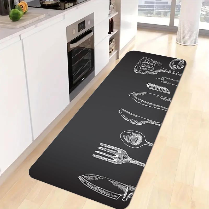 Non-Slip Polyester Kitchen Mat with Gray Utensil Pattern Stain Resistant Durable Home Decor