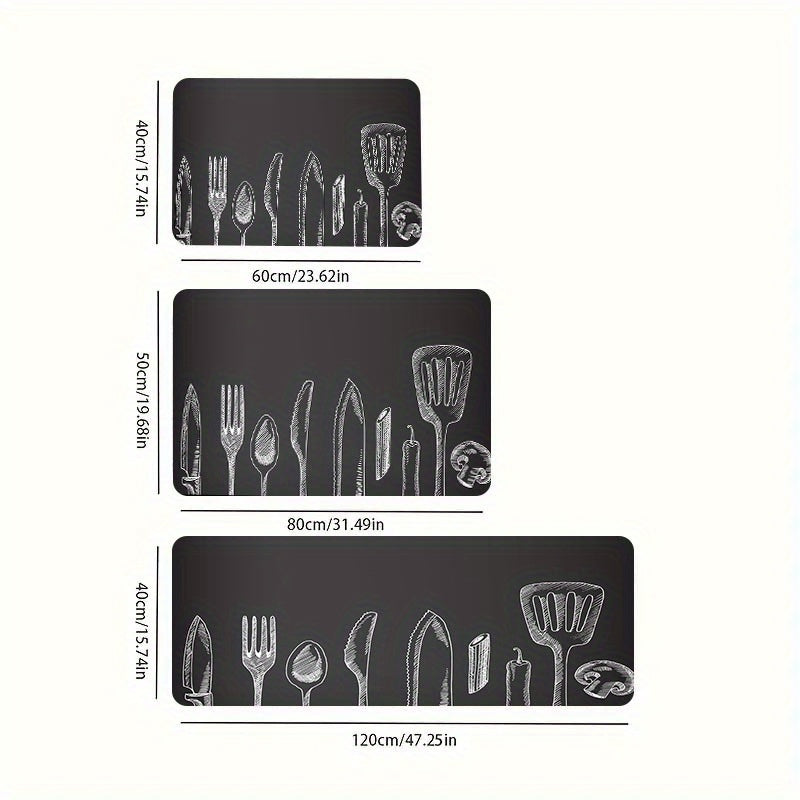 Non-Slip Polyester Kitchen Mat with Gray Utensil Pattern Stain Resistant Durable Home Decor