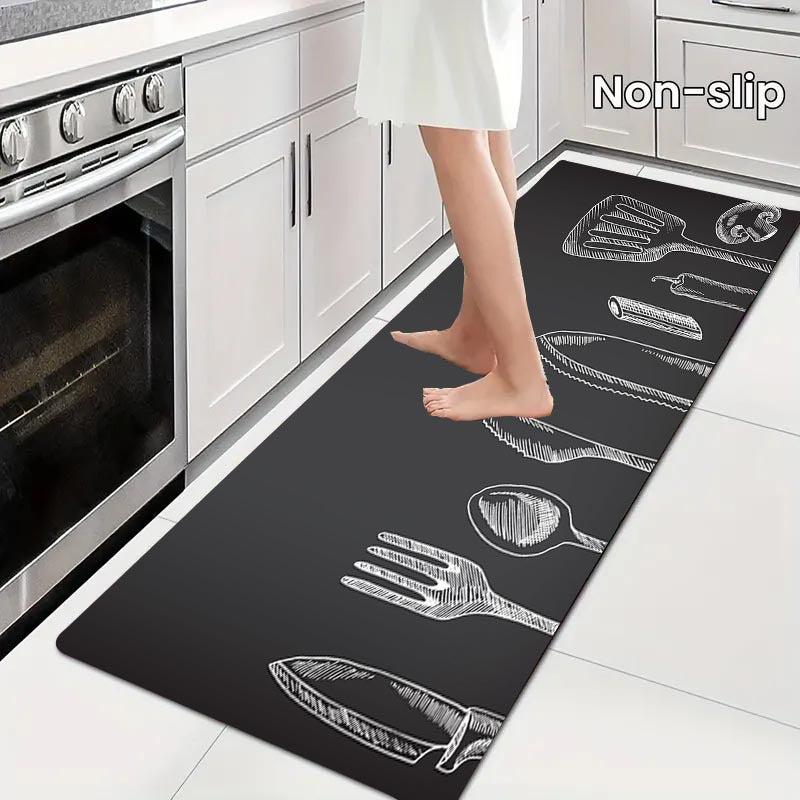 Non-Slip Polyester Kitchen Mat with Gray Utensil Pattern Stain Resistant Durable Home Decor