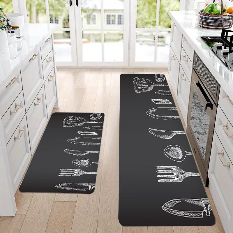 Non-Slip Polyester Kitchen Mat with Gray Utensil Pattern Stain Resistant Durable Home Decor