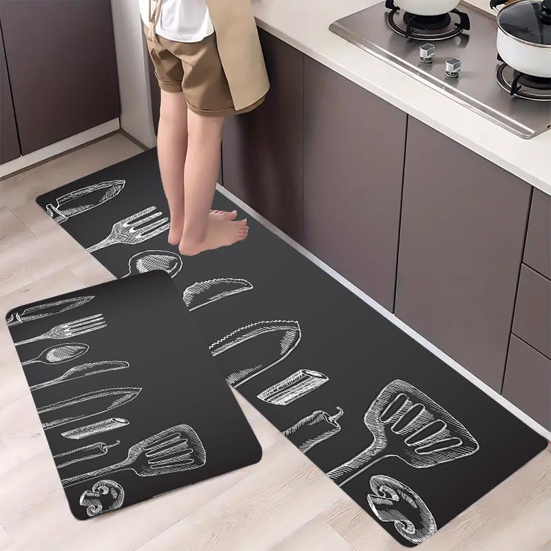 Non-Slip Polyester Kitchen Mat with Gray Utensil Pattern Stain Resistant Durable Home Decor