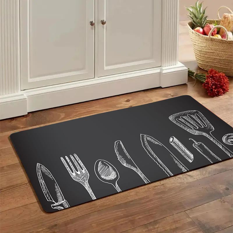 Non-Slip Polyester Kitchen Mat with Gray Utensil Pattern Stain Resistant Durable Home Decor