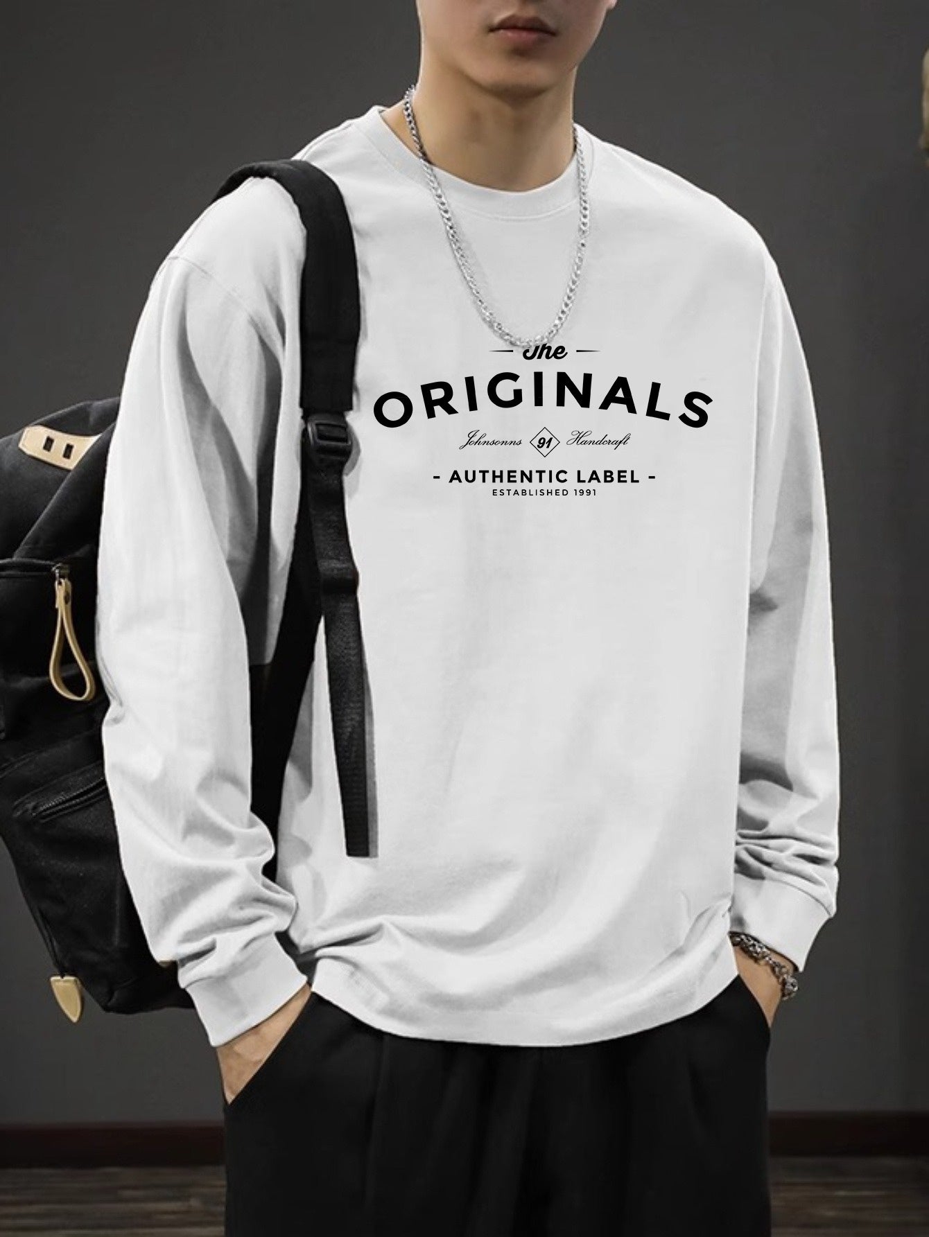 Men's Long Sleeve Cotton T-Shirt with Alphabet Pattern Crew Neck Casual Spring Fall