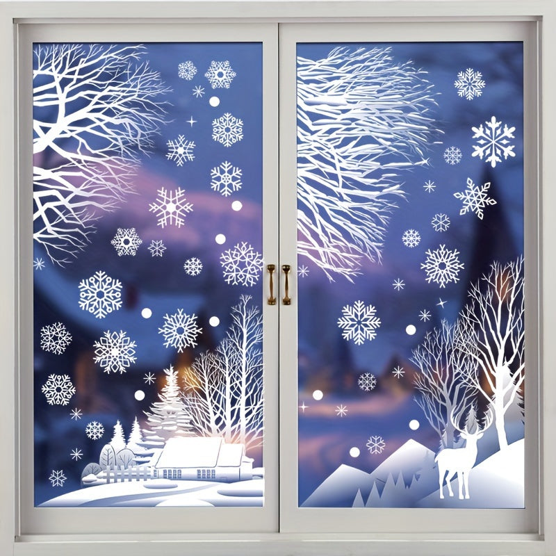 Set of 56 Winter Christmas Window Clings Snowflakes Trees Cabin Decorations