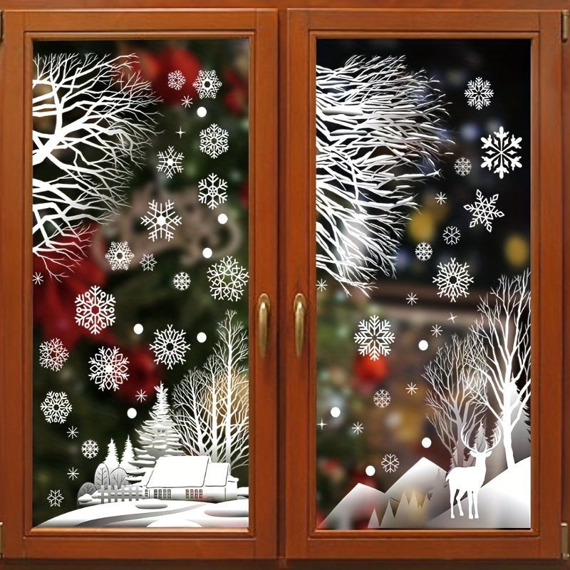 Set of 56 Winter Christmas Window Clings Snowflakes Trees Cabin Decorations