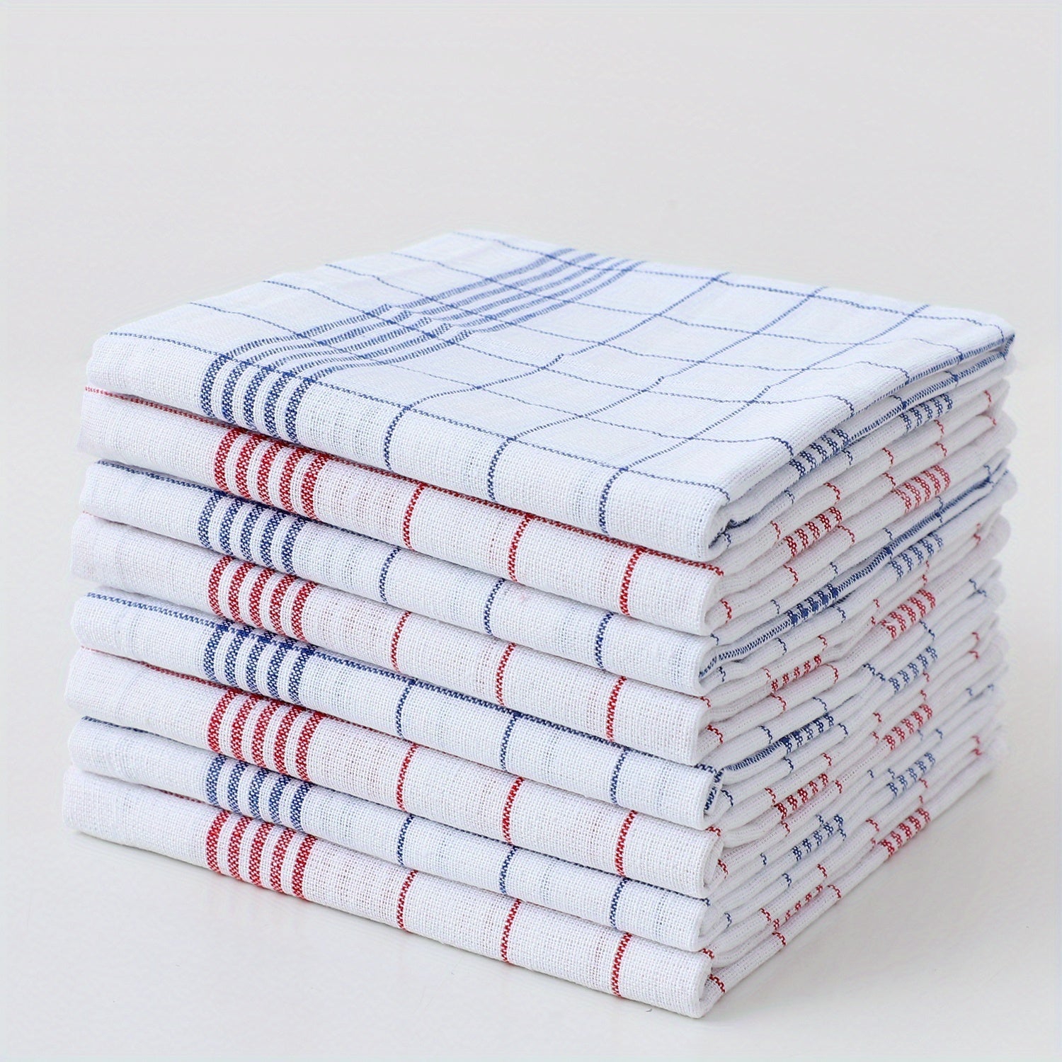 12 ta paxtali oshxona sochiqlari, ko‘k va qizil rangdagi tekislikda, qayta ishlatiladigan tozalash matolari