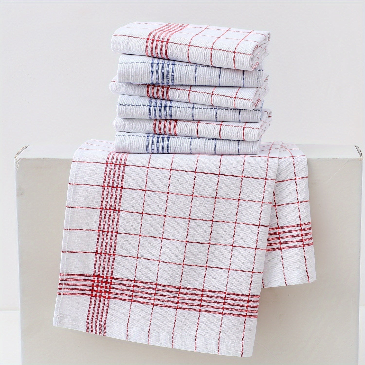Set of 12 Kitchen Tea Towels in Blue and Red Checkered Stripes and Grid Patterns