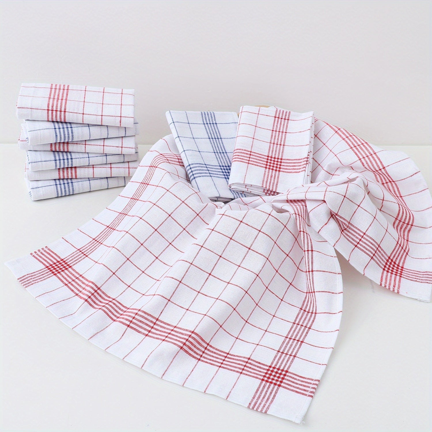 Set of 12 Kitchen Tea Towels in Blue and Red Checkered Stripes and Grid Patterns