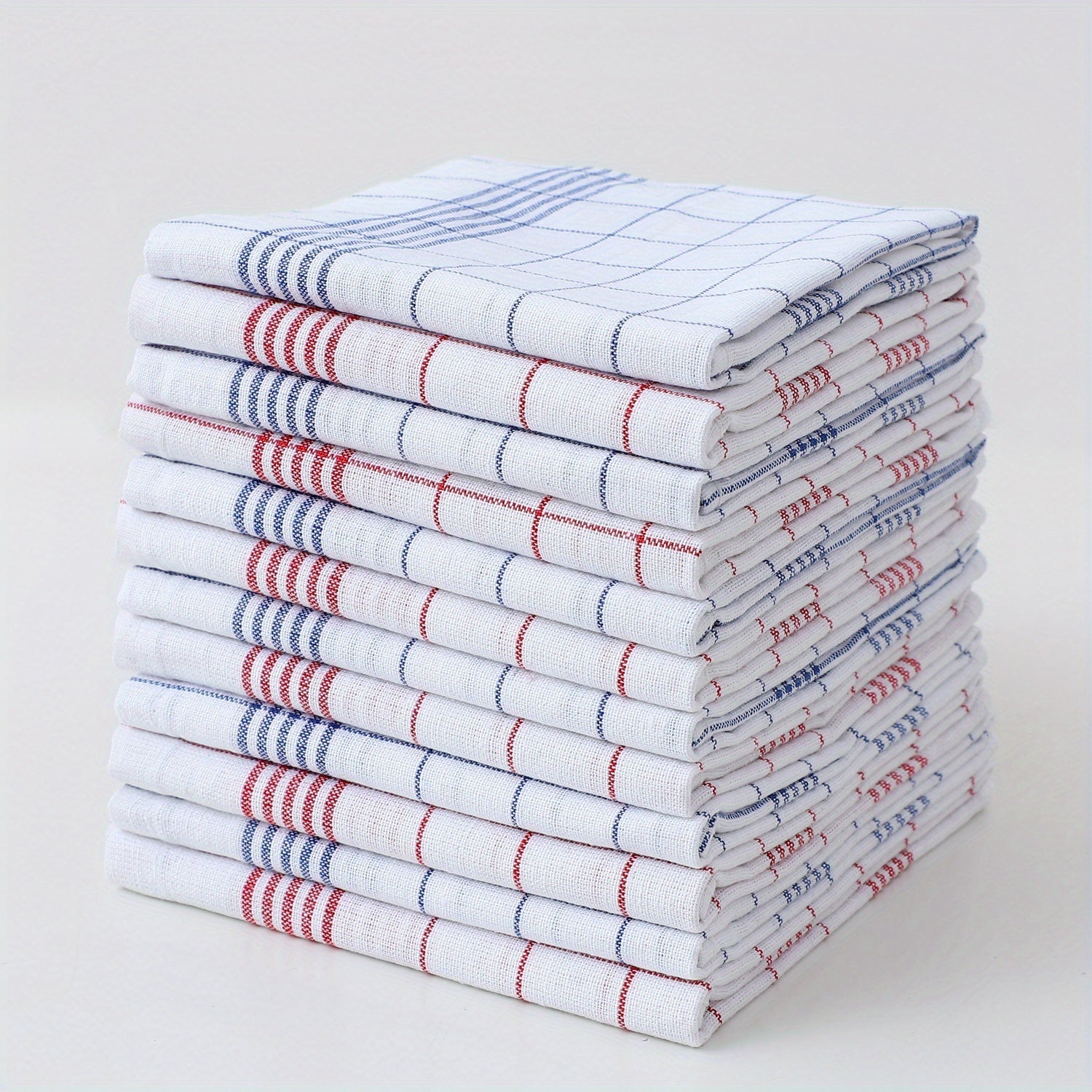 Set of 12 Kitchen Tea Towels in Blue and Red Checkered Stripes and Grid Patterns