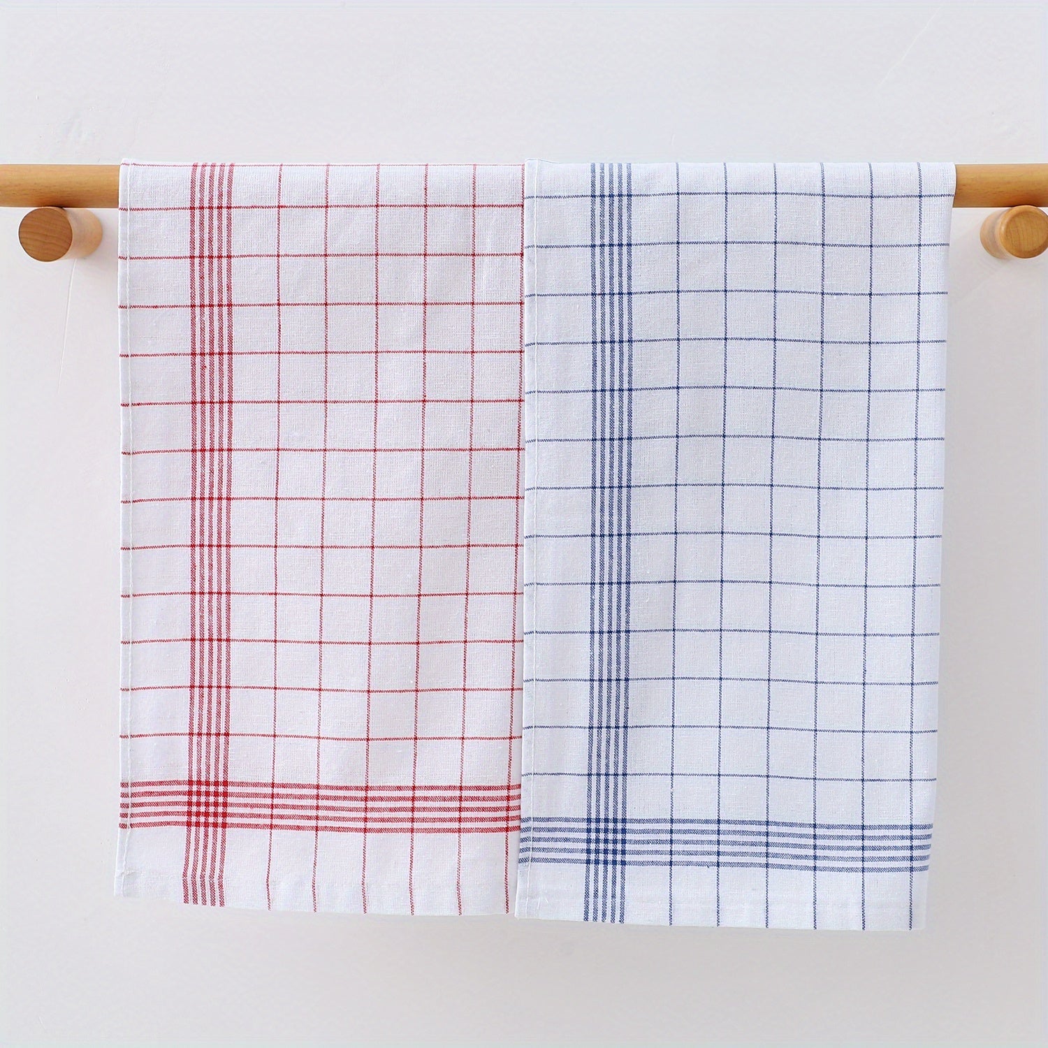 Set of 12 Kitchen Tea Towels in Blue and Red Checkered Stripes and Grid Patterns