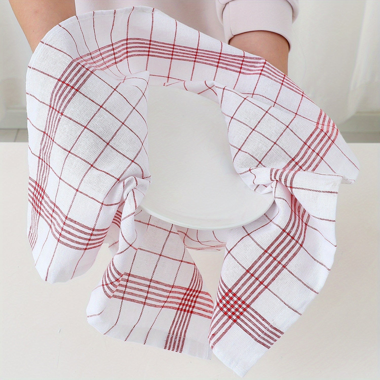 Set of 12 Kitchen Tea Towels in Blue and Red Checkered Stripes and Grid Patterns