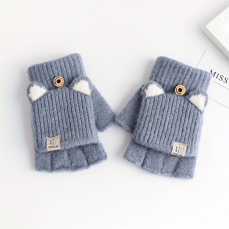 Girls Fingerless Gloves with Cat Ear Design Warm Windproof Soft Polyester