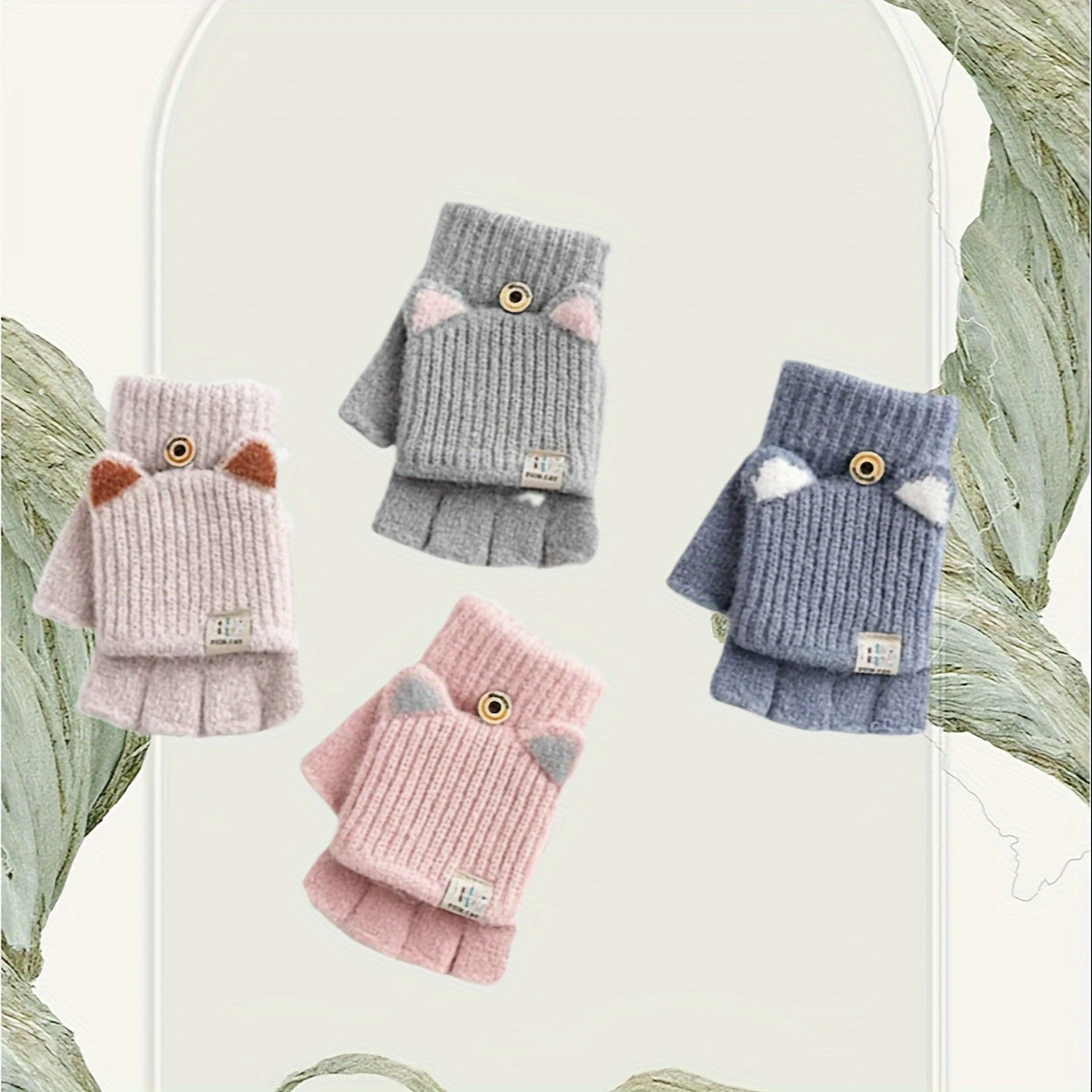 Girls Fingerless Gloves with Cat Ear Design Warm Windproof Soft Polyester