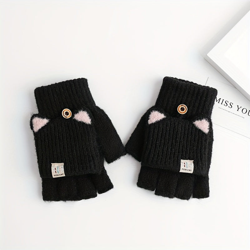Girls Fingerless Gloves with Cat Ear Design Warm Windproof Soft Polyester