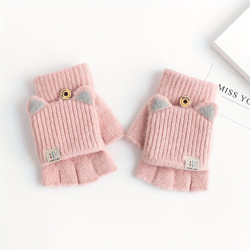 Girls Fingerless Gloves with Cat Ear Design Warm Windproof Soft Polyester