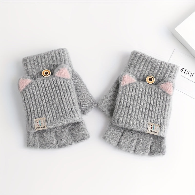 Girls Fingerless Gloves with Cat Ear Design Warm Windproof Soft Polyester