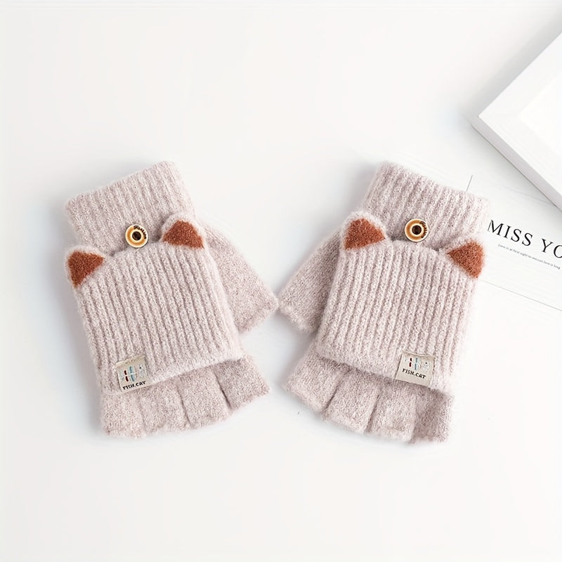Girls Fingerless Gloves with Cat Ear Design Warm Windproof Soft Polyester