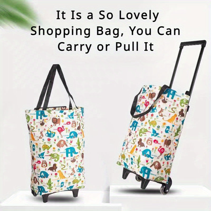 Large Capacity Foldable Shopping Cart with Wheels Oxford Cloth Animal Patterns for Groceries Camping