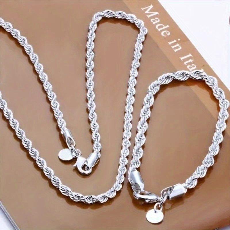 925 Silver Plated Jewelry Set, zamonaviy Hip Hop Boho uslubidagi marjon va bilaguzuk kombinatsiyasi, burama ip dizayni bilan. Ayollar uchun kundalik kiyim yoki sovg'a sifatida mukammal, Rojdestvo mavsumi uchun ideal. Ushbu marjon to'plami taklif etadi