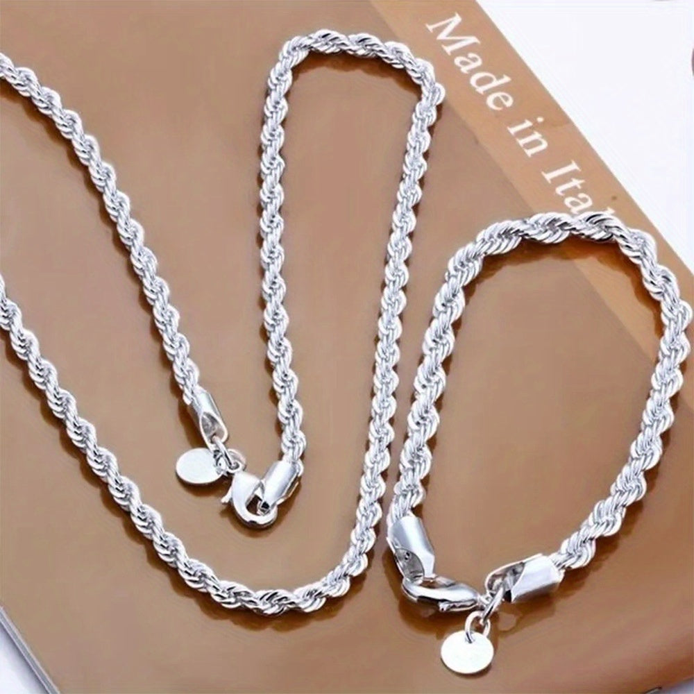 925 Silver Plated Jewelry Set, zamonaviy Hip Hop Boho uslubidagi marjon va bilaguzuk kombinatsiyasi, burama ip dizayni bilan. Ayollar uchun kundalik kiyim yoki sovg'a sifatida mukammal, Rojdestvo mavsumi uchun ideal. Ushbu marjon to'plami taklif etadi