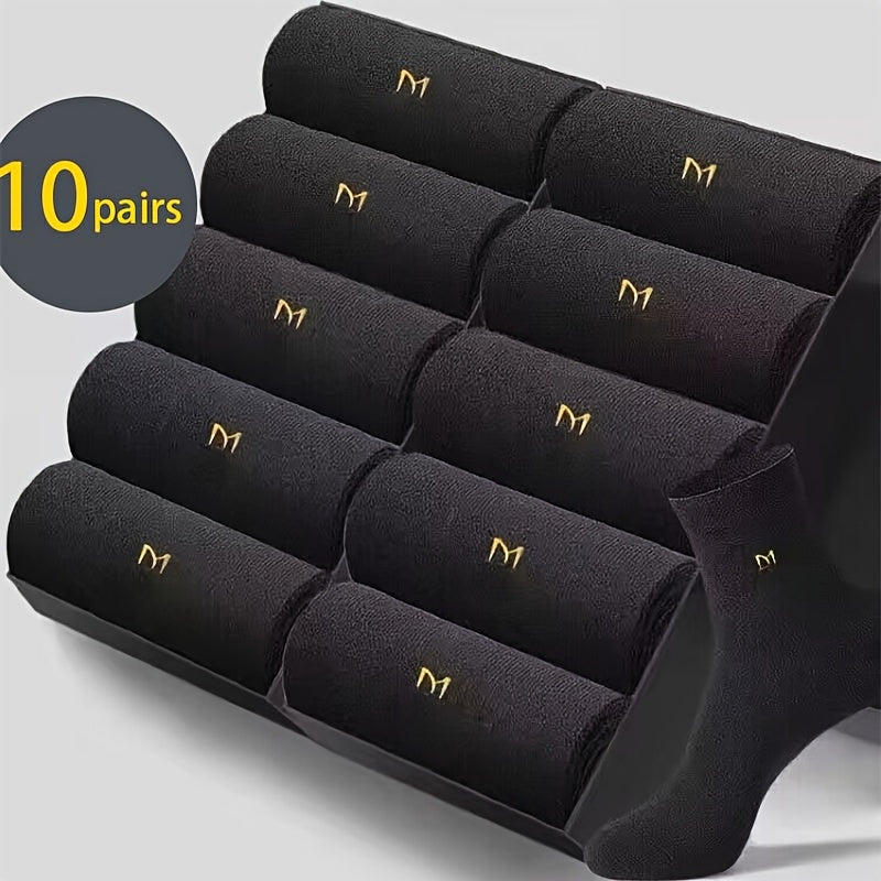 Men's Cotton Blend Socks 10 Pairs Mid-Calf Breathable Business Casual Solid Color Letter Pattern