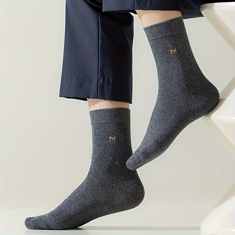 Men's Cotton Blend Socks 10 Pairs Mid-Calf Breathable Business Casual Solid Color Letter Pattern