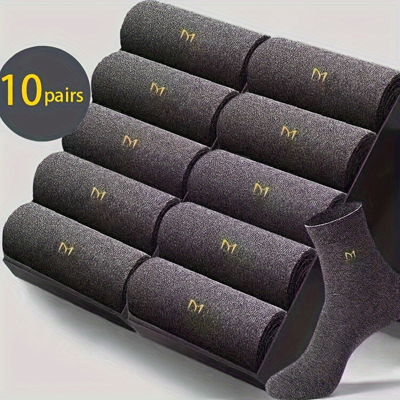 Men's Cotton Blend Socks 10 Pairs Mid-Calf Breathable Business Casual Solid Color Letter Pattern
