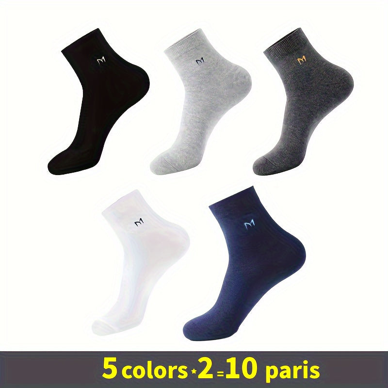 Men's Cotton Blend Socks 10 Pairs Mid-Calf Breathable Business Casual Solid Color Letter Pattern