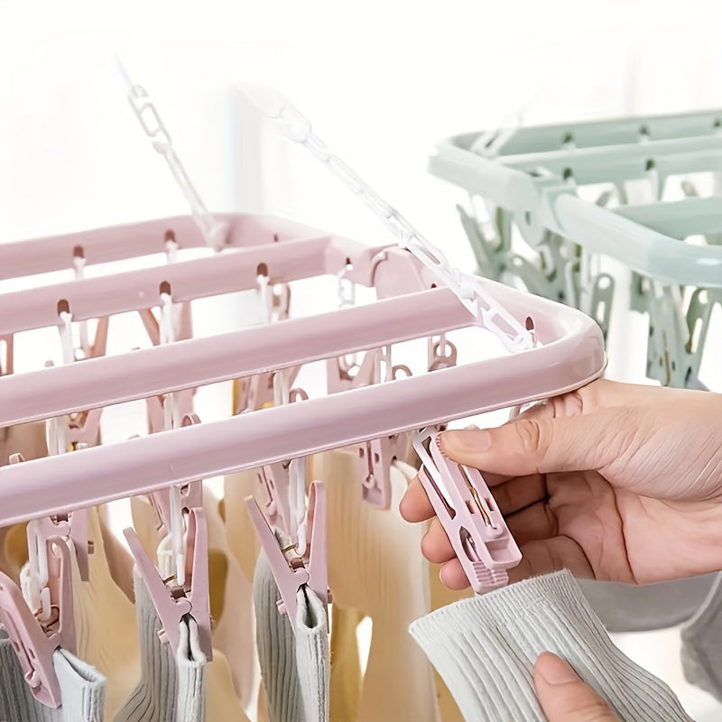 Large Capacity Plastic Socks Hanger with 32 Clips for Drying Clothes in Pink Blue Green