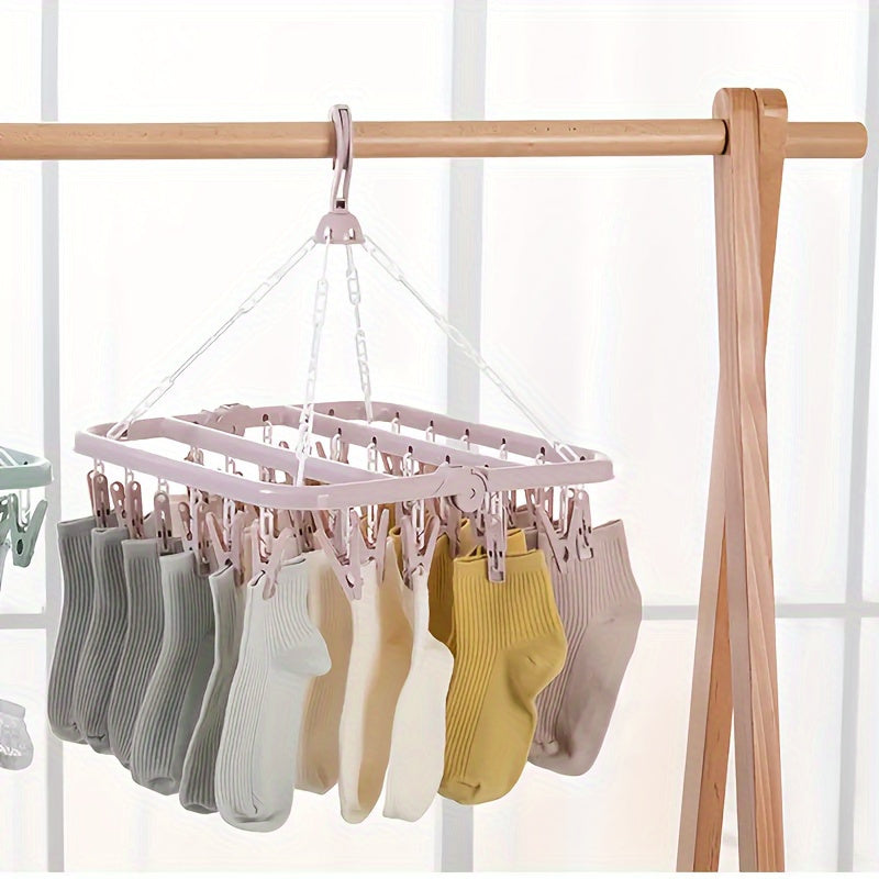 Large Capacity Plastic Socks Hanger with 32 Clips for Drying Clothes in Pink Blue Green