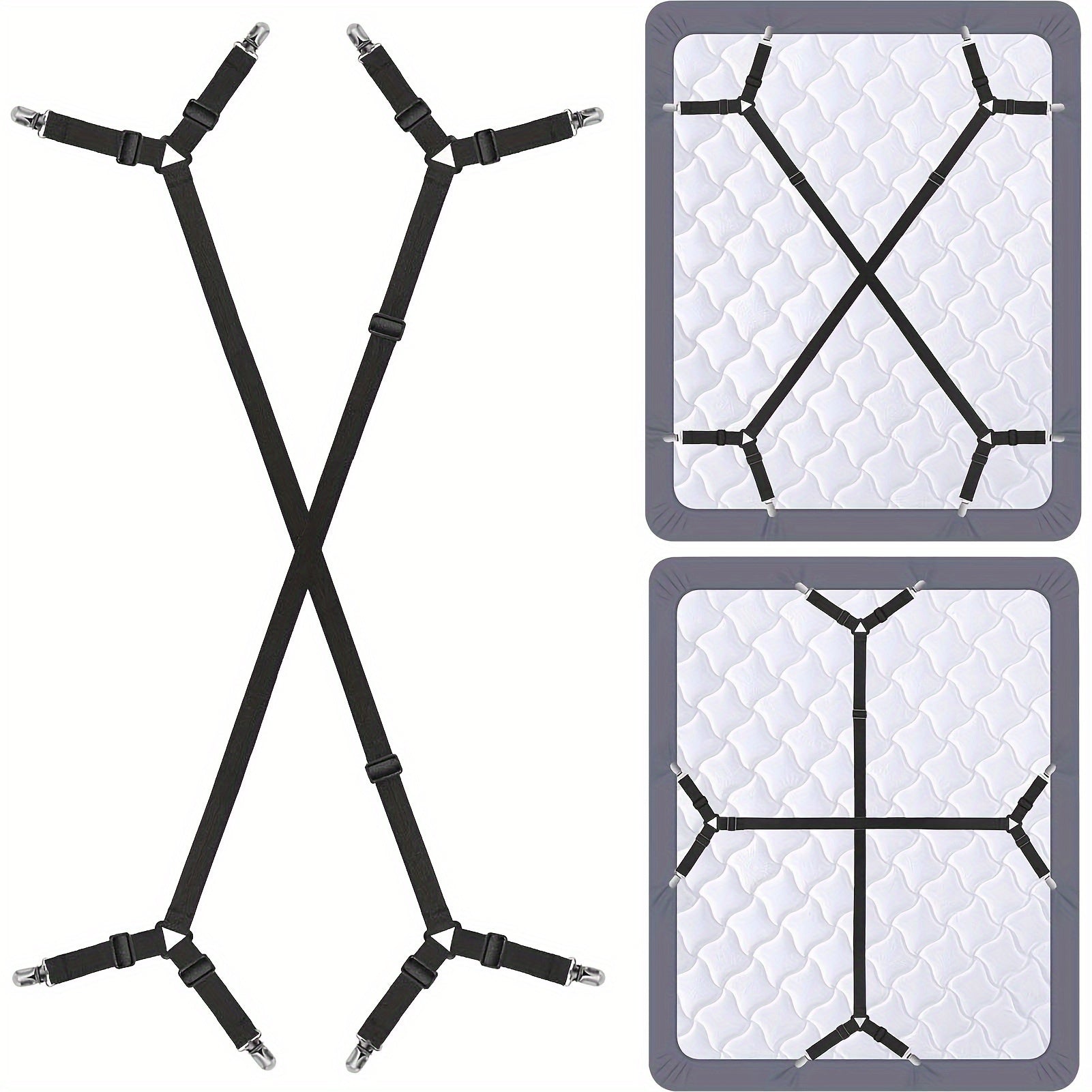 Set of 4 Black Adjustable Bed Sheet Straps with Elastic Corner Grippers