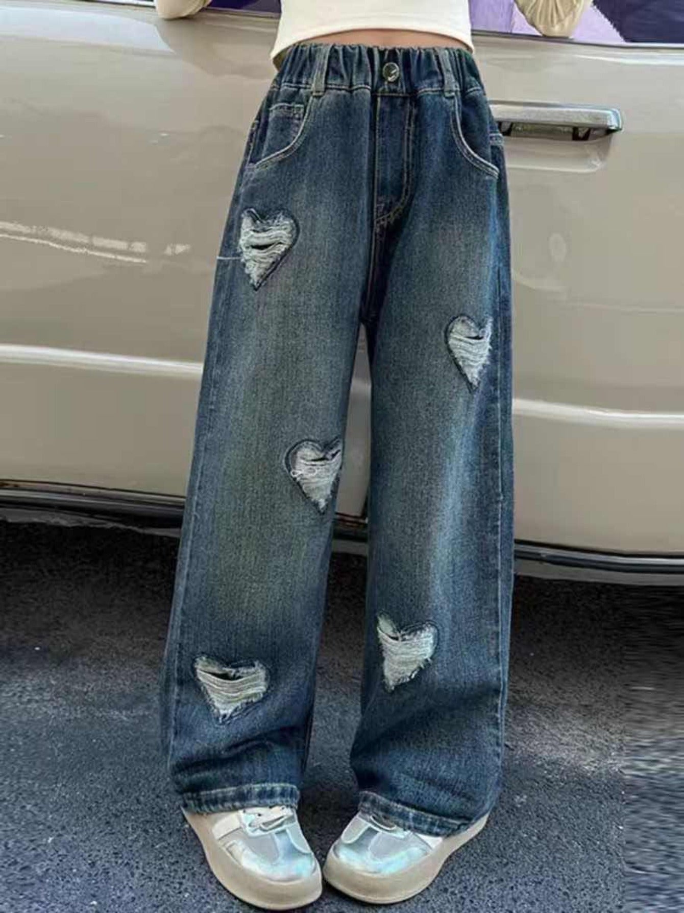 Girls Heart Patch Baggy Jeans Casual Streetwear All-Season