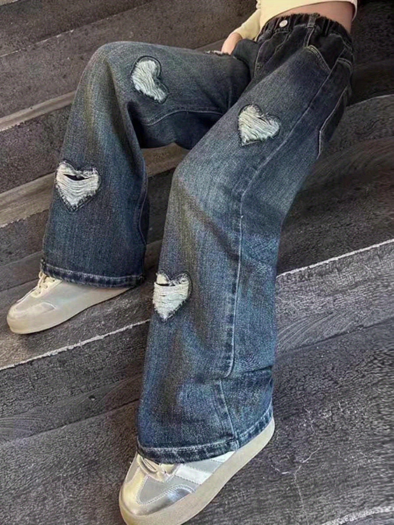 Girls Heart Patch Baggy Jeans Casual Streetwear All-Season