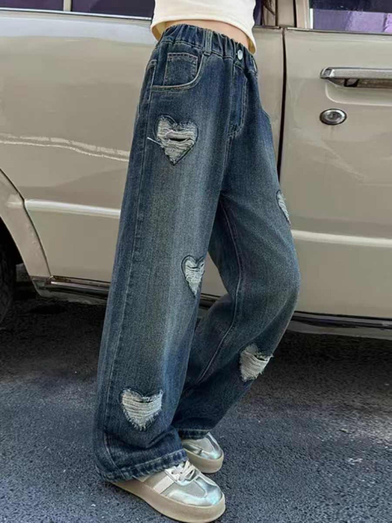 Girls Heart Patch Baggy Jeans Casual Streetwear All-Season
