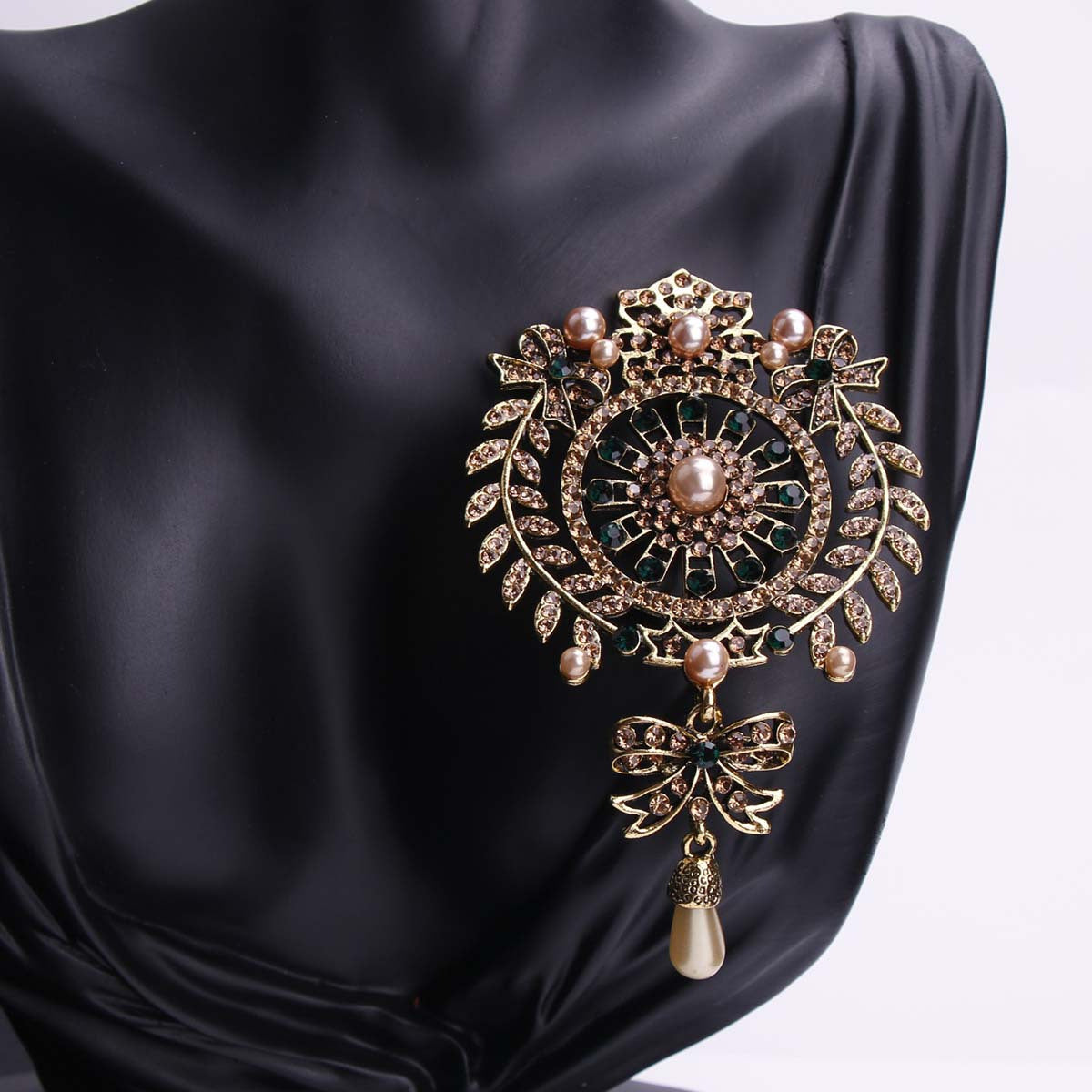 Vintage Baroque Brooch with Rhinestones Enamel Floral Openwork Jewelry Gift