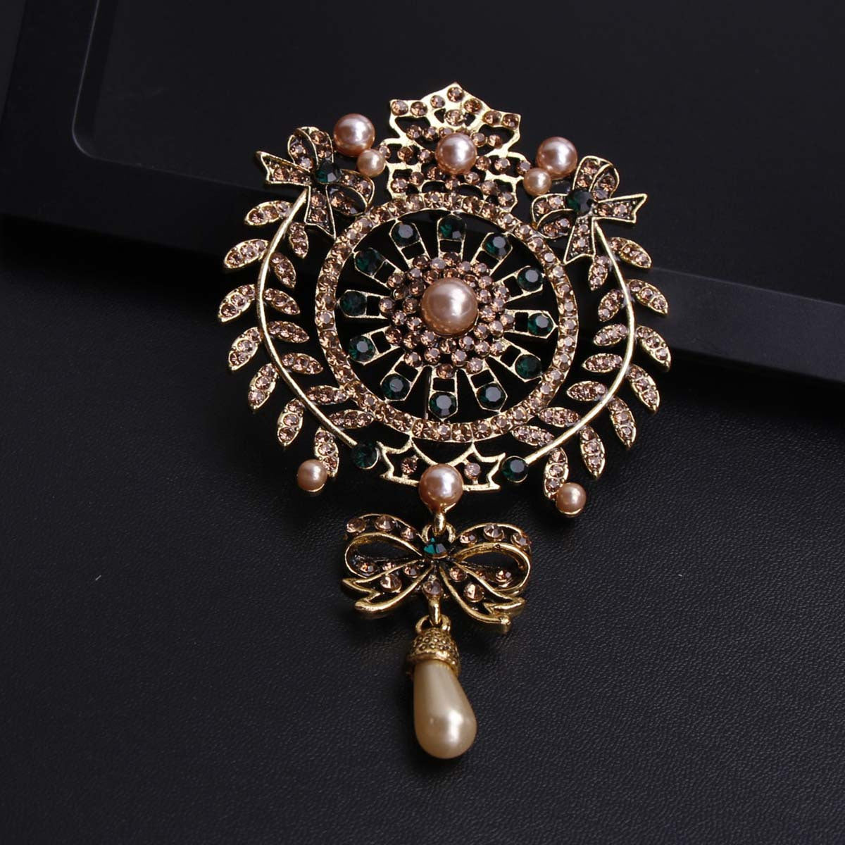 Vintage Baroque Brooch with Rhinestones Enamel Floral Openwork Jewelry Gift